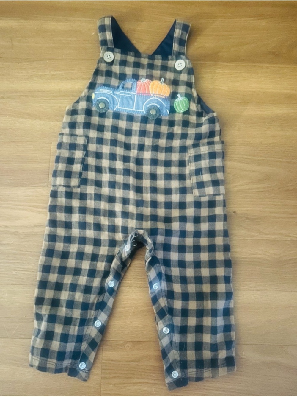 Lumberjack Plaid khaki & navy boys Pumpkin Truck Overalls - Mudpie 6/9mo